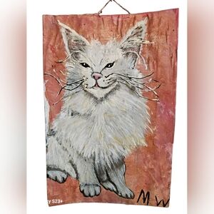 Handcrafted Cat Wall Art - White and Pink Folk Art Junkmail Art By Maxine Waters